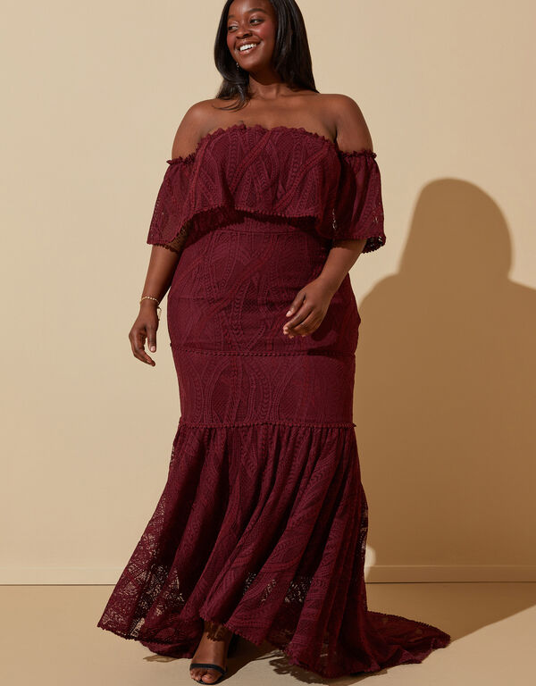 Off The Shoulder Lace Gown, Burgundy image number 0