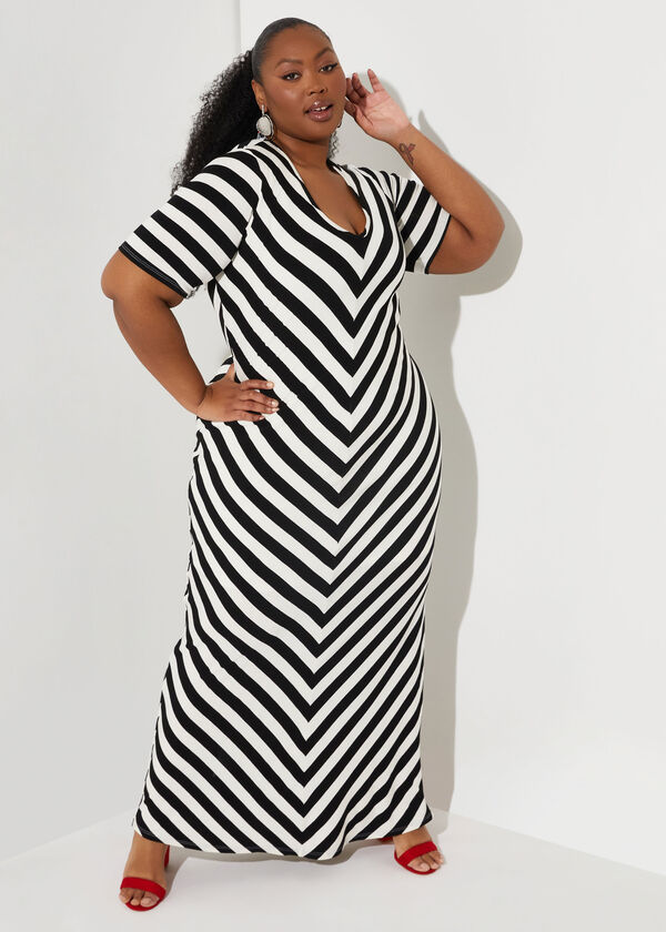 Cutout Striped Maxi Dress, Black White image number 2