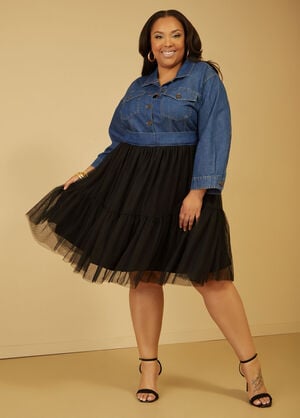 Tulle And Chambray Shirtdress, Black image number 0
