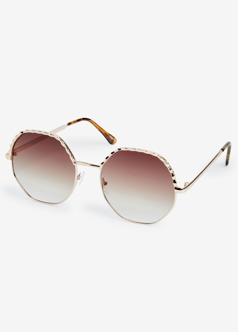 Textured Metal Round Sunglasses, Gold image number 1