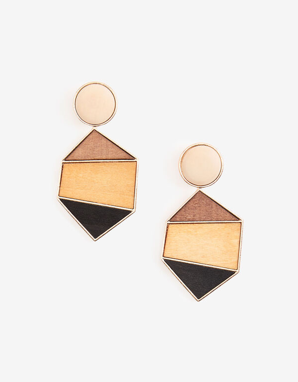 Colorblock Wood Clip On Earrings, Dark Brown image number 0