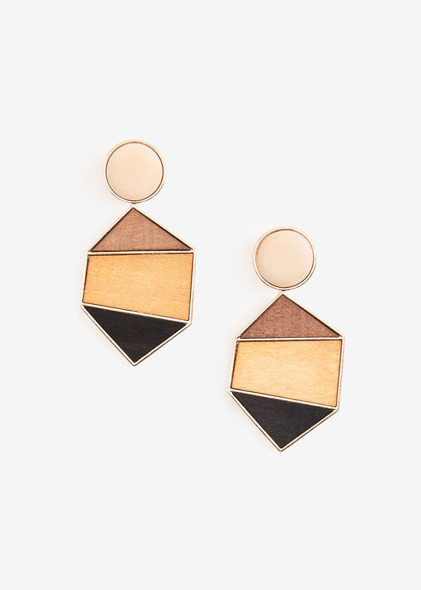 Colorblock Wood Clip On Earrings, Dark Brown image number 0