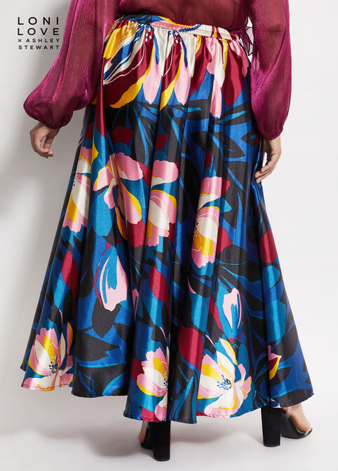 Belted Floral Satin Maxi Skirt, Peacoat image number 2