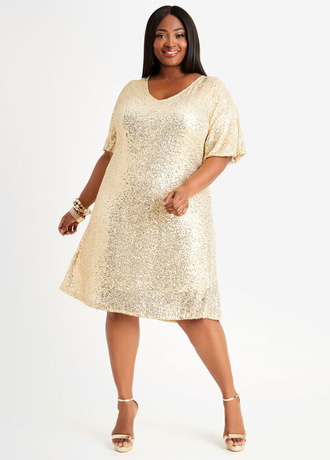 Sequin Swing Evening Dress, Gold image number 0