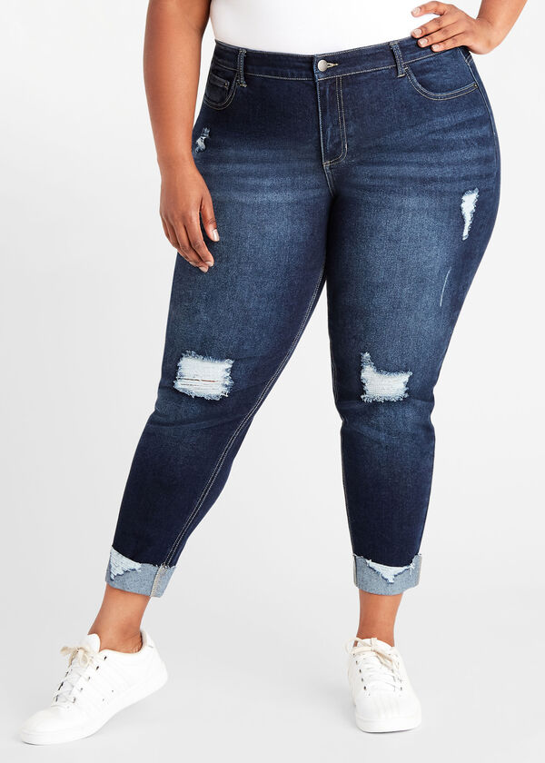 Plus Size Trendy Distressed High Waist Stretch Roll Cuff Skinny Jean