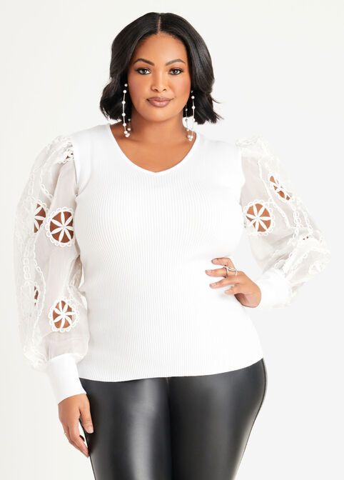 Embroidered Chiffon Ribbed Sweater, White image number 0