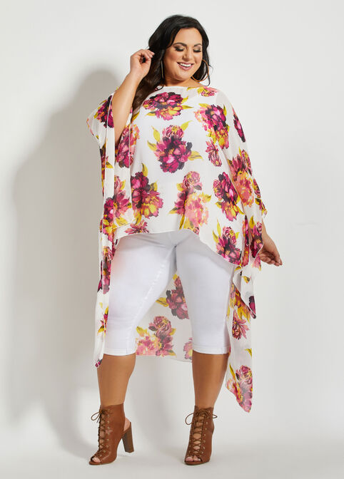 Floral Chiffon Hi Low Cape Duster, White image number 0