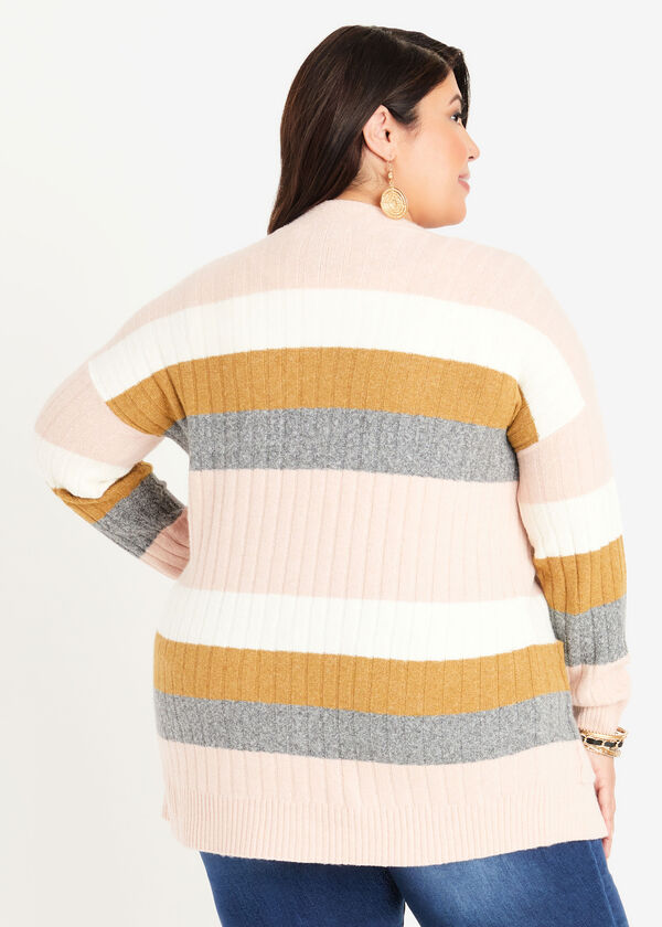Striped Ribbed Knit Cardigan, Mauve image number 1
