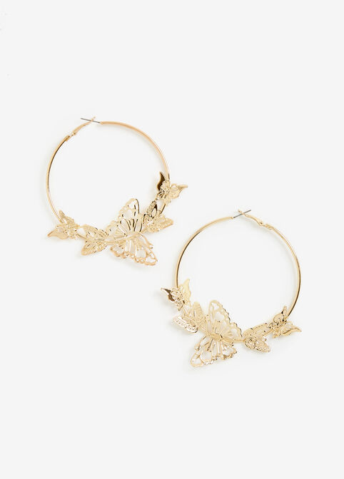Gold Butterfly Filigree Hoops, Gold image number 0