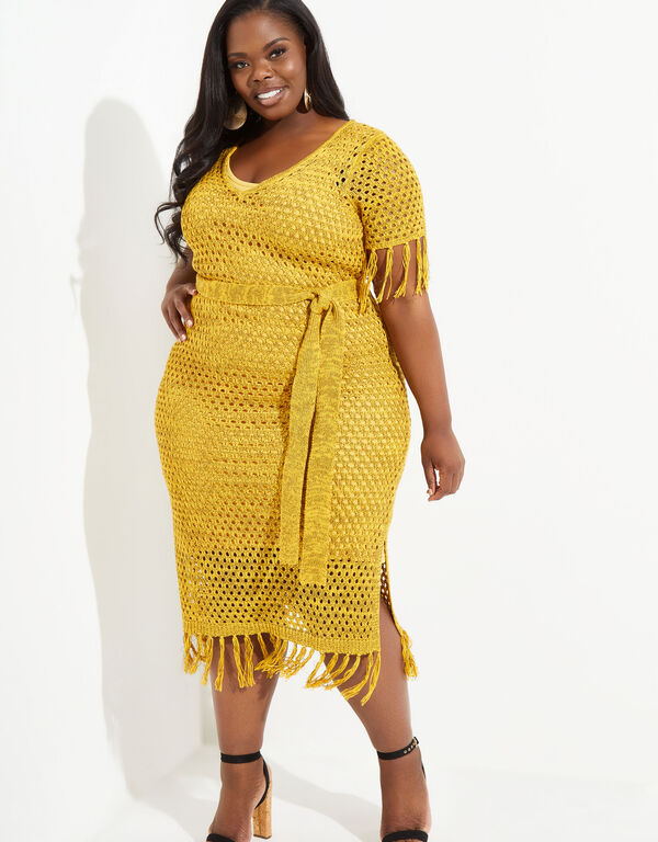 Tasseled Pointelle Knit Midi Dress, Nugget Gold image number 0
