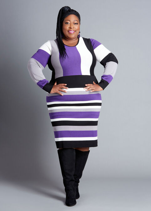 Plus Size Colorblock Stripe Bodycon Knee Length Sweater Dress image number 0