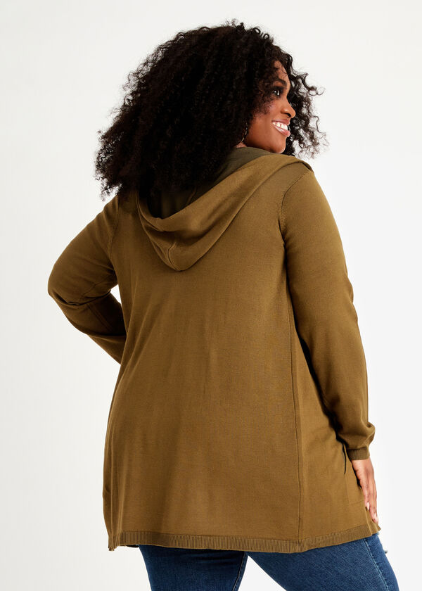 Hooded Open Front Knit Cardigan, Military Olive image number 1