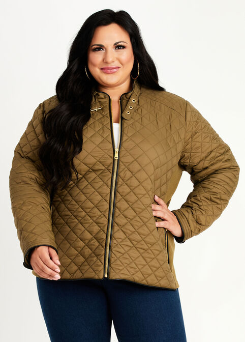 Plus Size Quilted Lightweight Mock Collar Zip Front Drawstring Short Coat image number 0