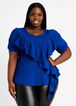 Plus Size Trendy Asymmetric Ruffle Puff Sleeve Stretch Knit Fitted Top image number 0
