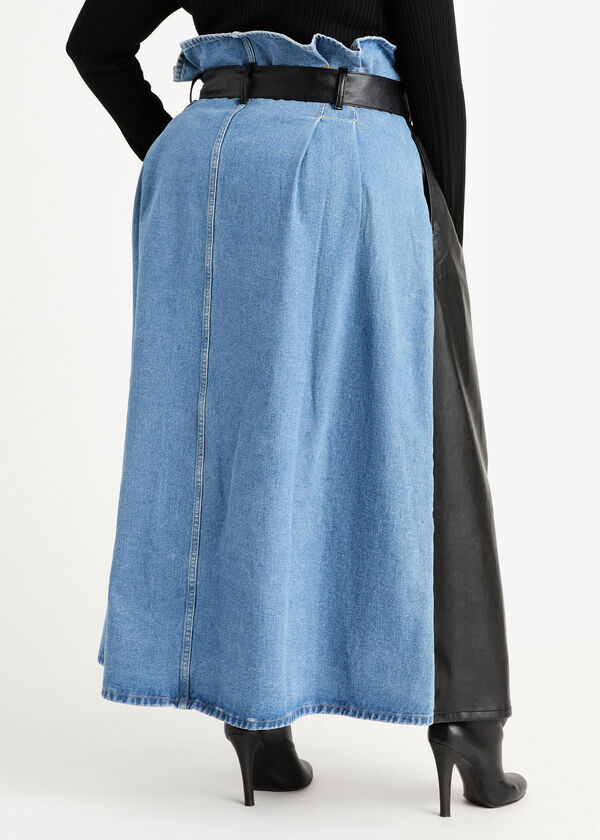 Plus Size Belted High Waist Faux Leather Front Flared Denim Midi Skirt