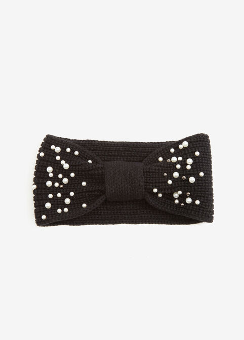 Faux Pearl Ribbed Knit Headband, Black image number 0