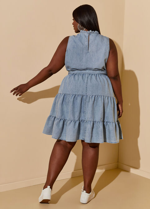 Ruffle Trimmed Chambray Dress, Denim image number 1