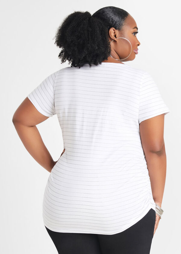 Striped Ruched Tee, White image number 1