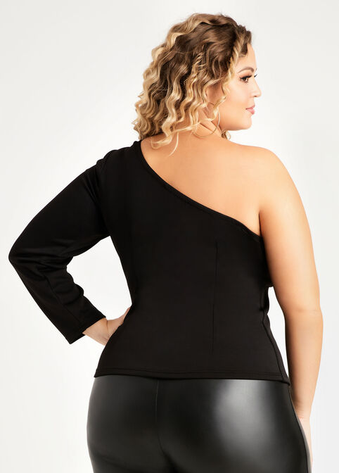 Asymmetric Ruffle One Shoulder Top, Black image number 1