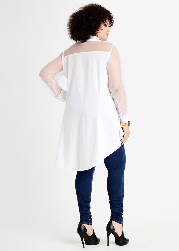 Poplin & Mesh Hi Low Button Up Top, White image number 1