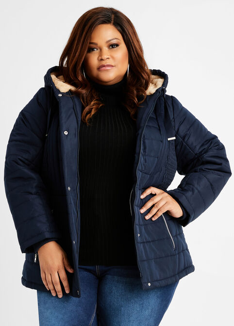 Faux Fur Lined Hooded Quilted Coat, Navy image number 0
