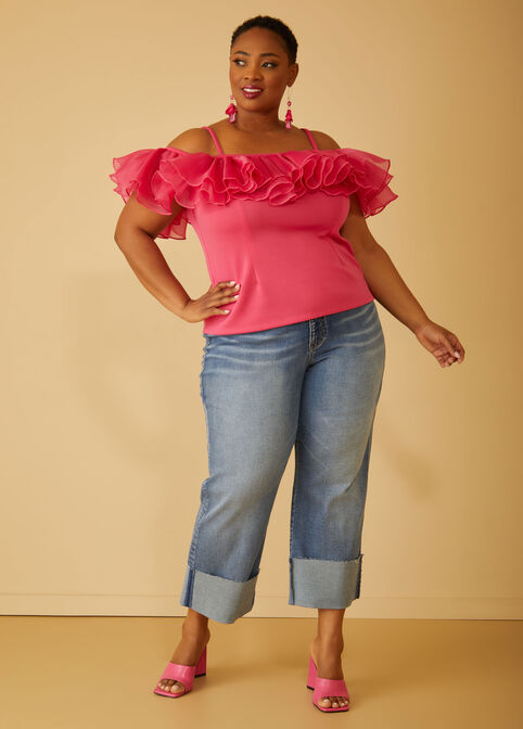 Ruffled Cold Shoulder Top, Pink Peacock image number 3