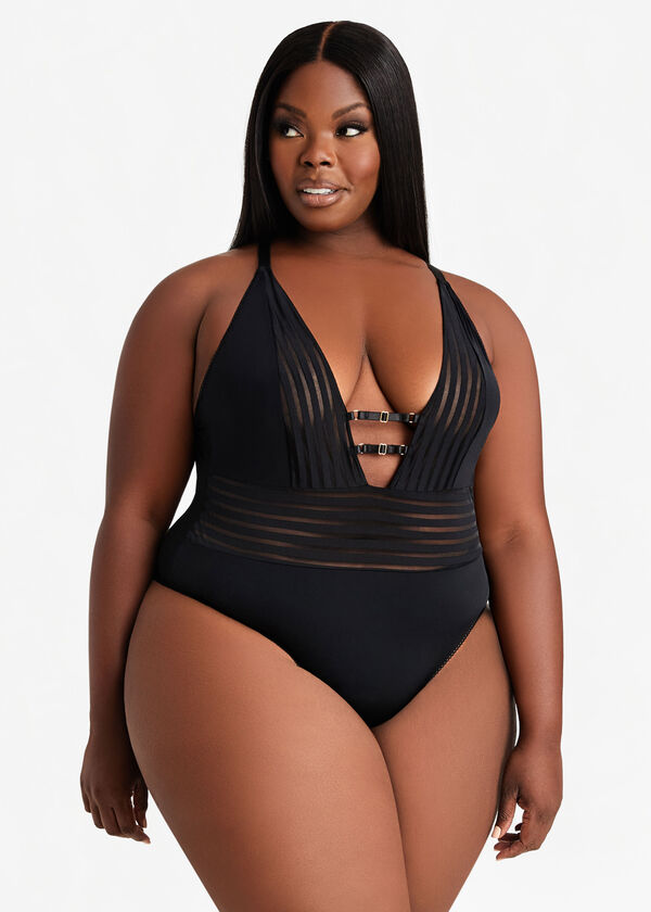 Striped Mesh Plunge Bodysuit, Black image number 0