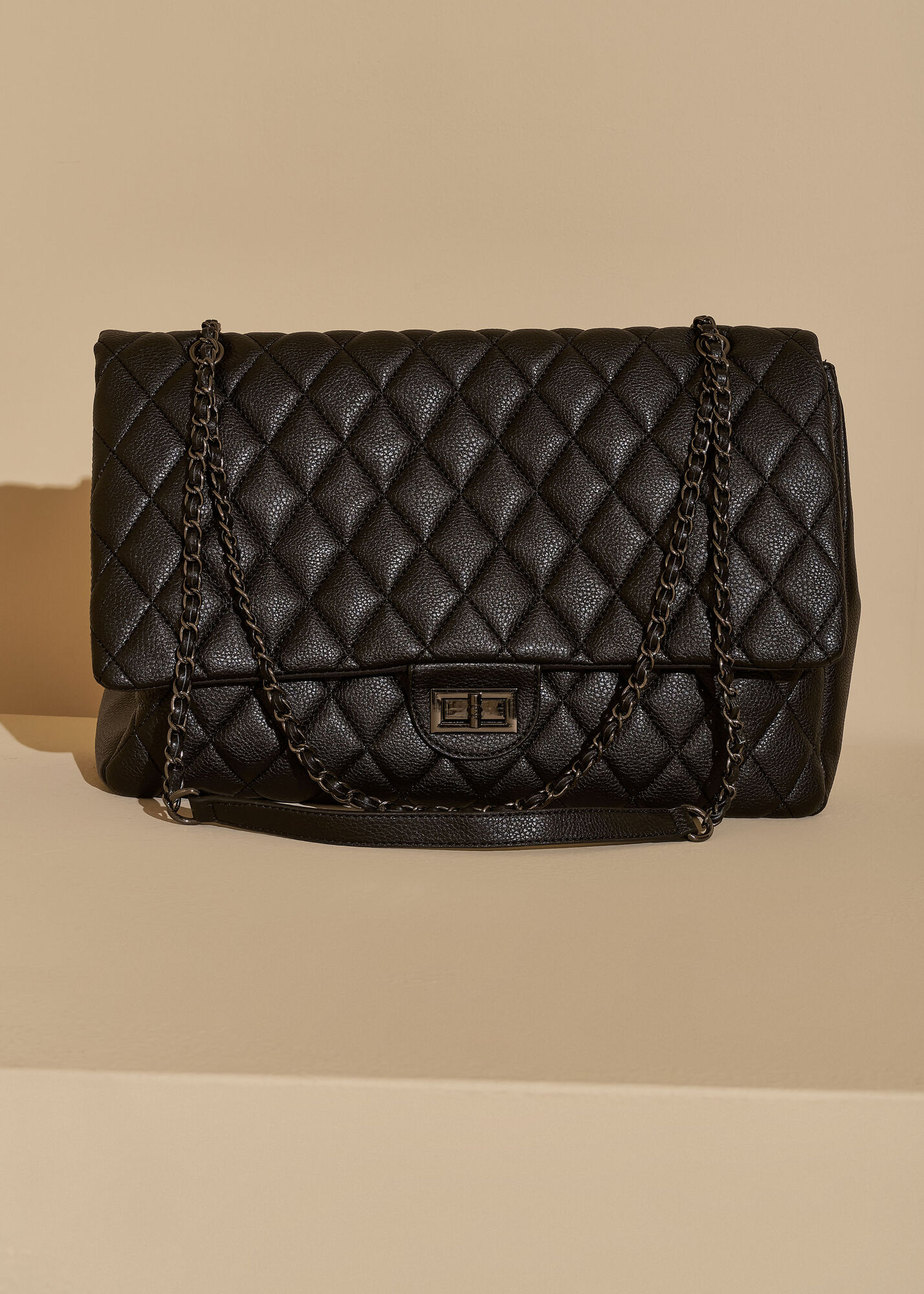 Trendy Oversized Quilted Faux Leather Flap Bag Vegan Leather Bag