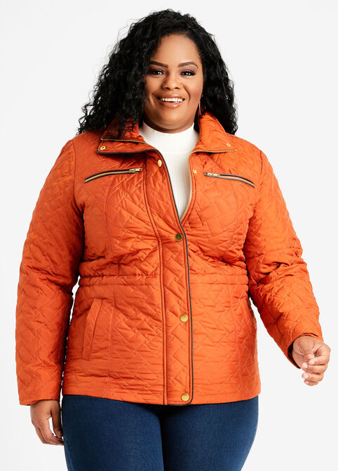 Plus Size Quilted Faux Leather Trim Puffer Anorak Short Coat image number 0