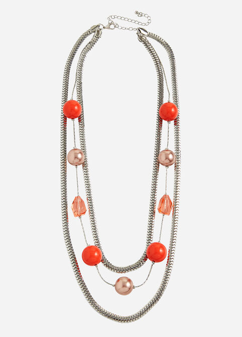 Silver Multi-Strand Necklace, Hot Coral image number 0