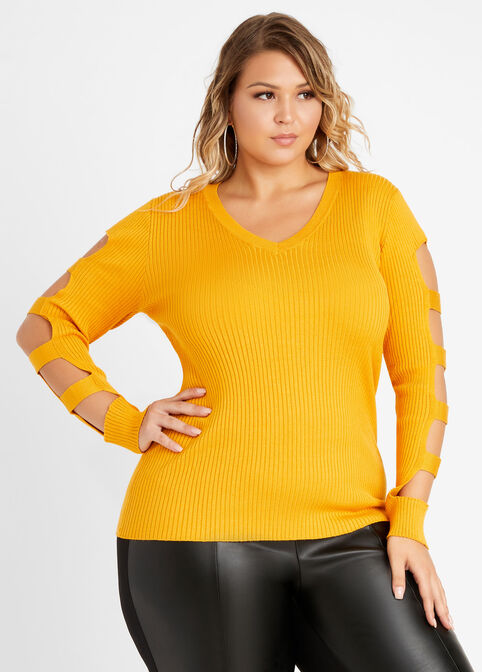 Plus Size Trendy Ribbed Cutout Sleeve V Neck Fitted Cozy Chic Sweater image number 0