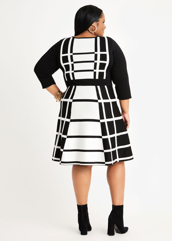 Grid Fit n Flare Sweater Dress, Black White image number 1