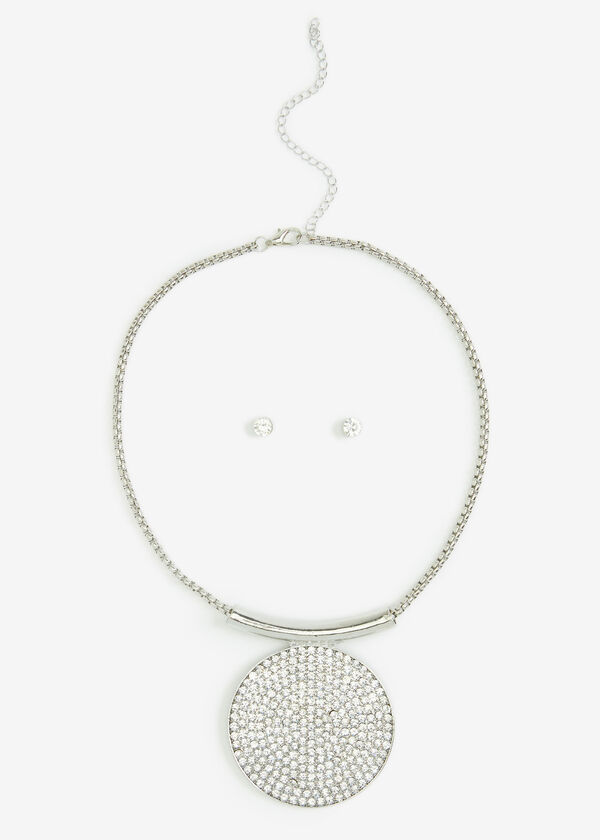 Crystal Pendant Necklace Set, Silver image number 0