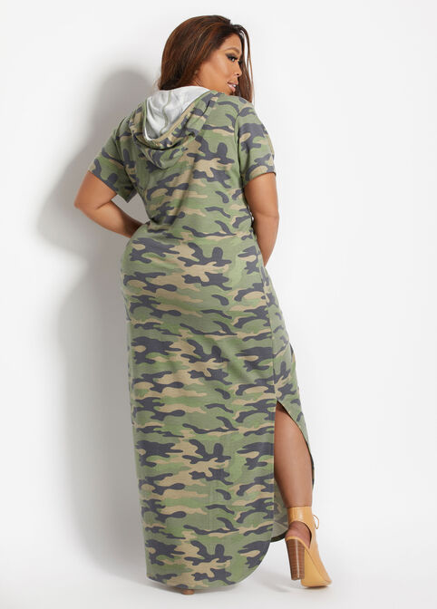 Camo Lace Up Hoodie Maxi Dress, Multi image number 1