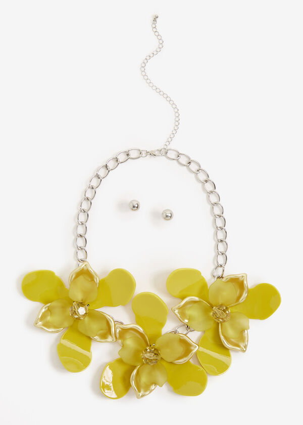 Green Flower Chain Necklace, Warm Olive image number 0