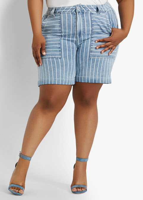 Stripe Mid Rise Denim Shorts, Blue image number 0