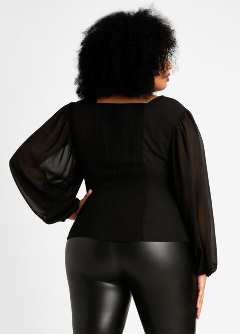 Sequin Smocked Sheer Sleeve Top, Black image number 2
