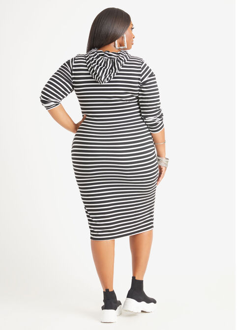 Striped Jersey Hooded Dress, Black White image number 1