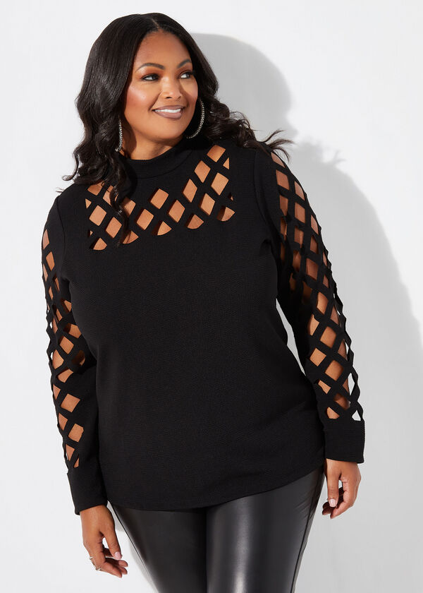 Cutout Textured Knit Top, Black image number 0