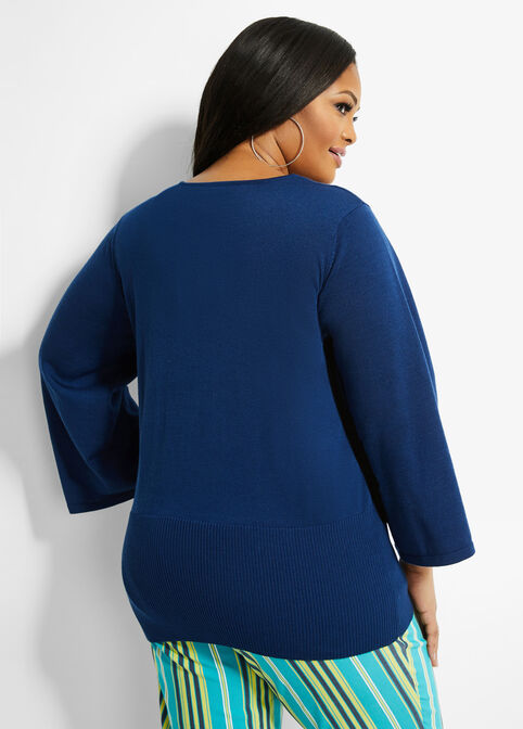 Flare Sleeve V Neck Sweater, Estate Blue image number 1