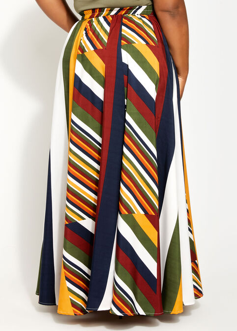 Belted Mix Stripe Print Maxi Skirt, Olive image number 1