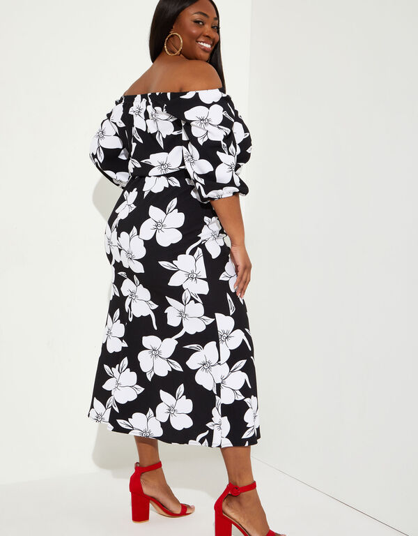 Off The Shoulder Floral Maxi Dress, Black White image number 1