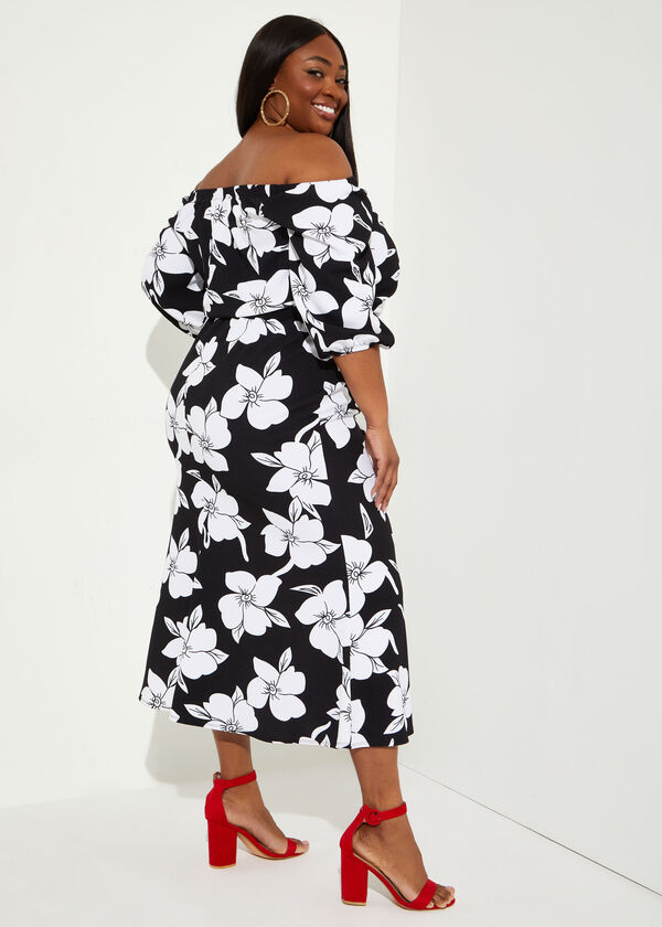 Off The Shoulder Floral Maxi Dress, Black White image number 1