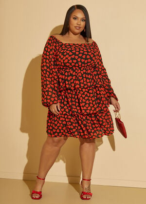 Tiered Heart Print Dress, Black Combo image number 0