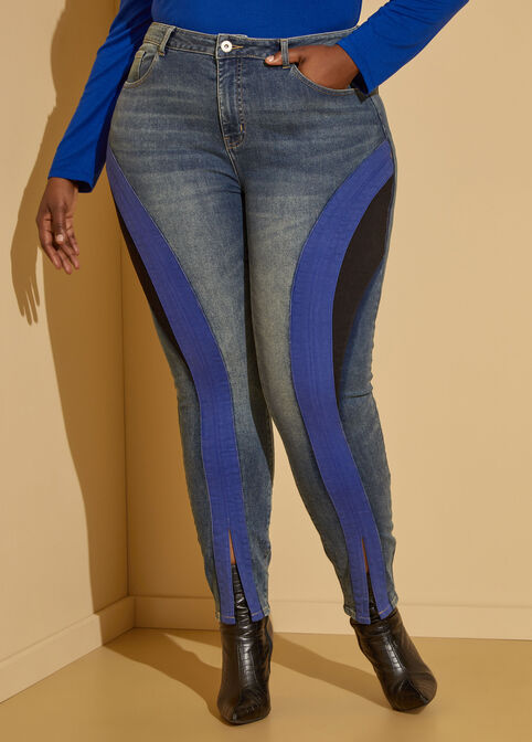 High Rise Colorblock Skinny Jeans, Denim image number 2