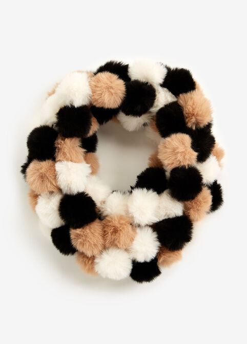 Faux Fur Pompom Infinity Scarf, Black Combo image number 0