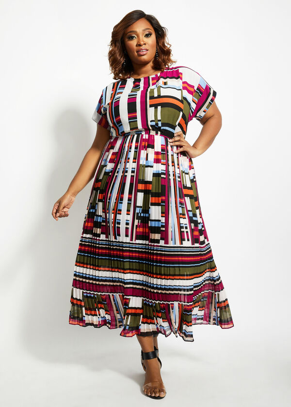 Plus Size Multicolor Pleated Geo Keyhole Maxi Summer Party Dress