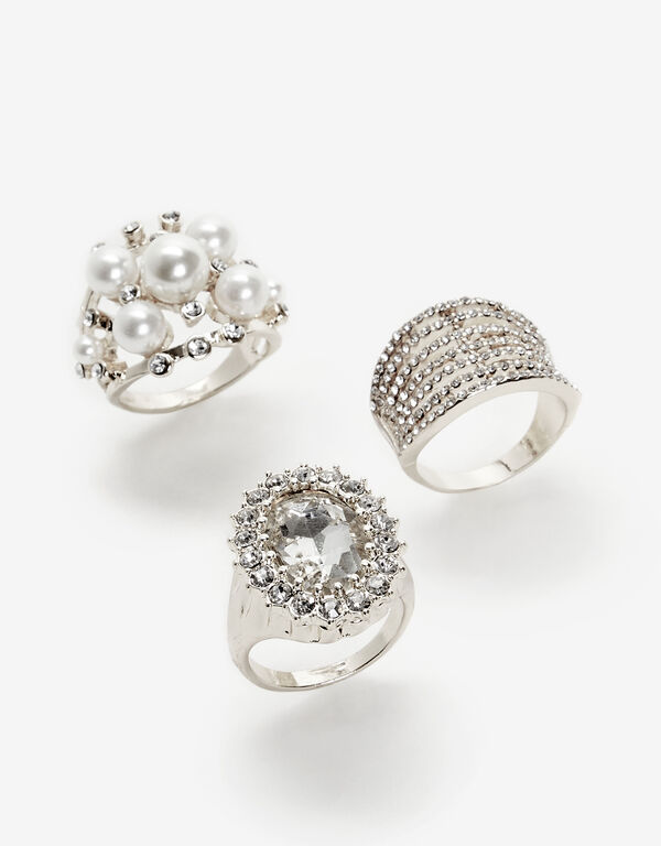 Silver Mix Pave & Pearls Ring Set, Silver image number 0
