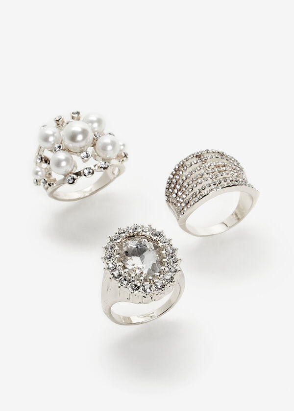 Silver Mix Pave & Pearls Ring Set, Silver image number 0