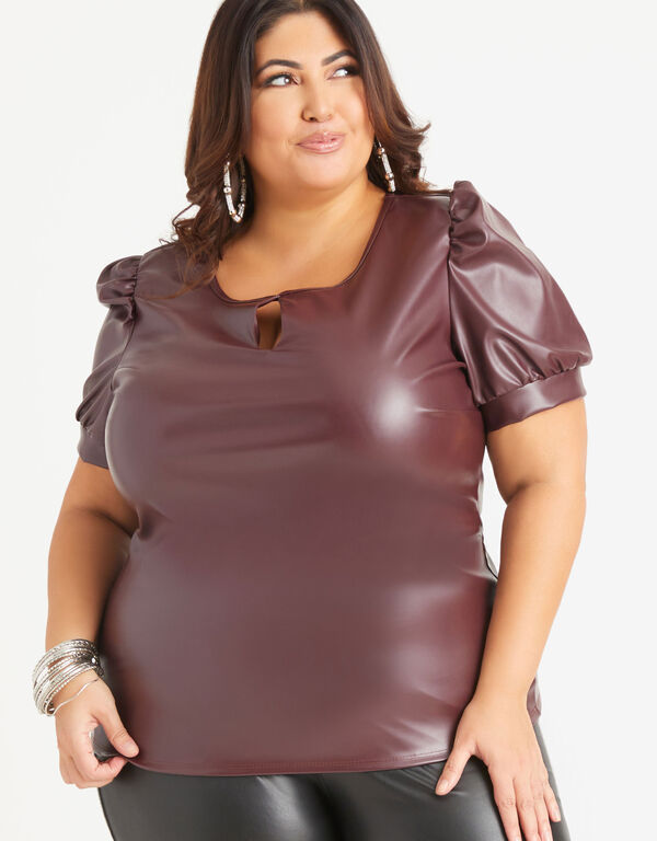 Puff Sleeve Faux Leather Top, Burgundy image number 0